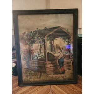 Antique Wood Framed Victorian Lithograph Print "OLD OAKEN BUCKET" Boy at Well